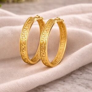 Gold Greek Key Hoop Earrings, 1.75 inches, HYPOALLERGENIC